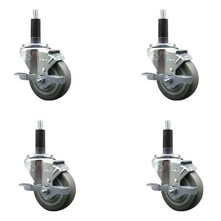 Service Caster 3.5'' SS Gray Poly Swivel 1'' Expanding Stem Caster Set with Brake, 4PK SCC-SSEX20S3514-PPUB-TLB-1-4